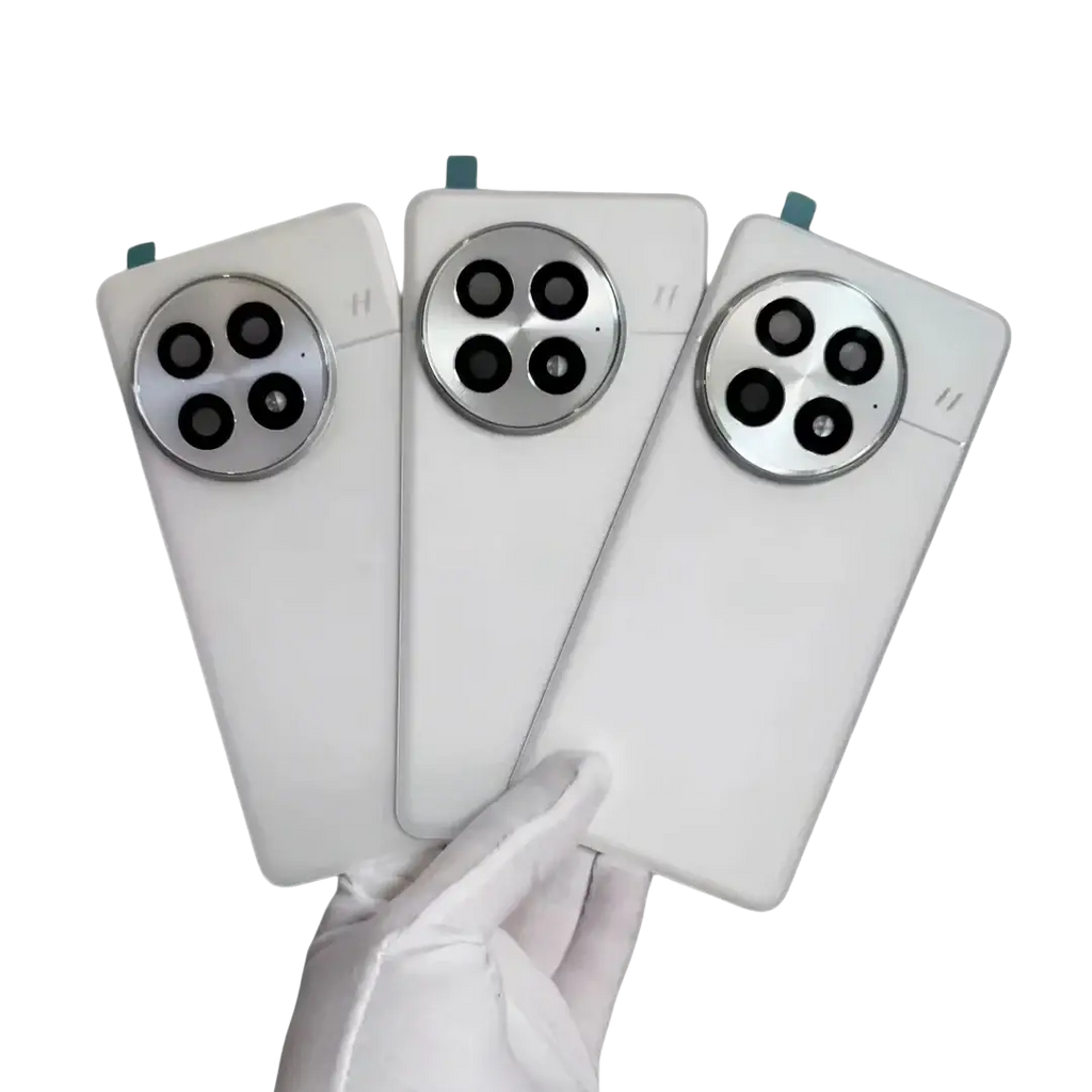 Three white oneplus 13 replacement back covers with circular silver camera frame glass lens and four lenses on back side