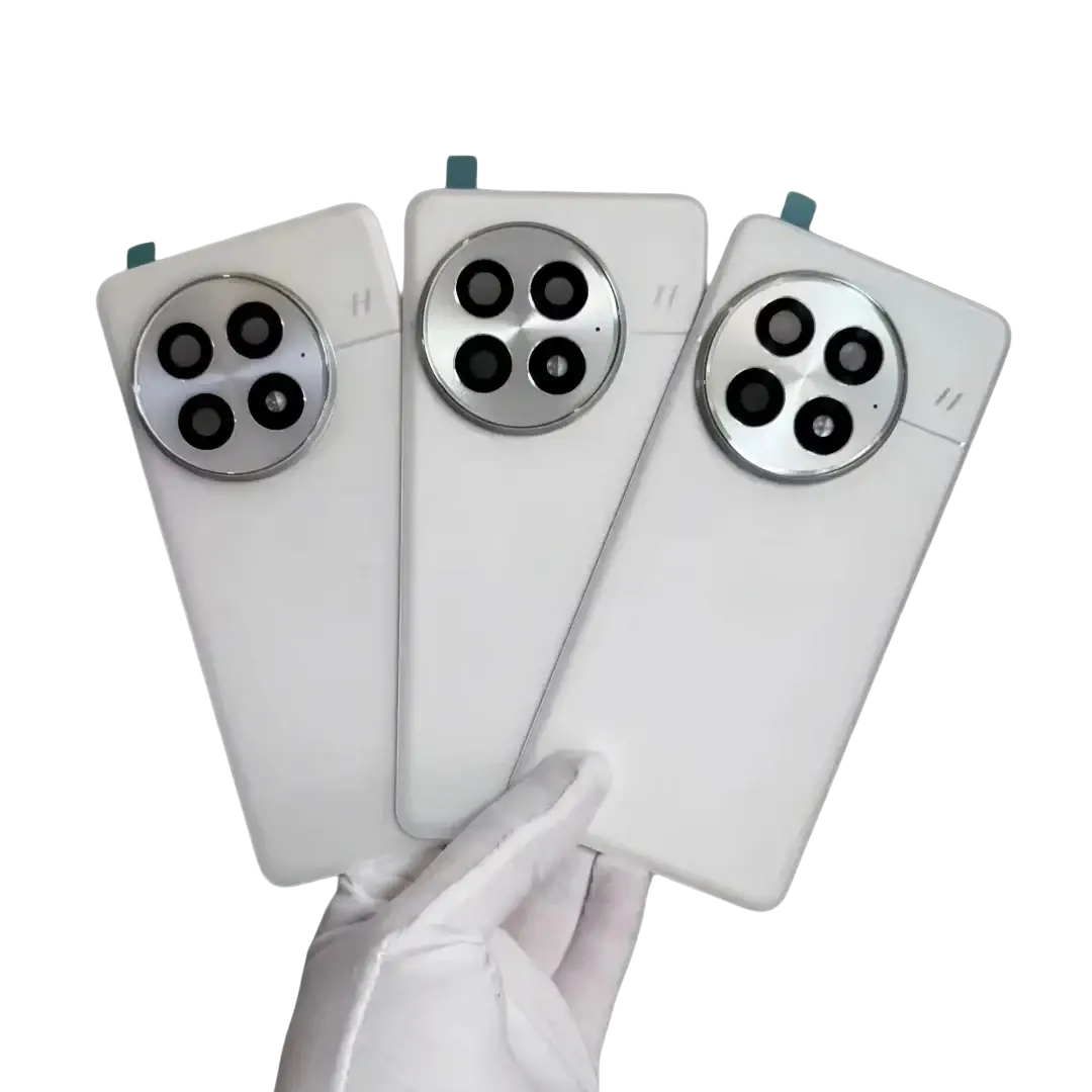 Three white oneplus 13 replacement back covers with circular silver camera frame glass lens and four lenses on back side