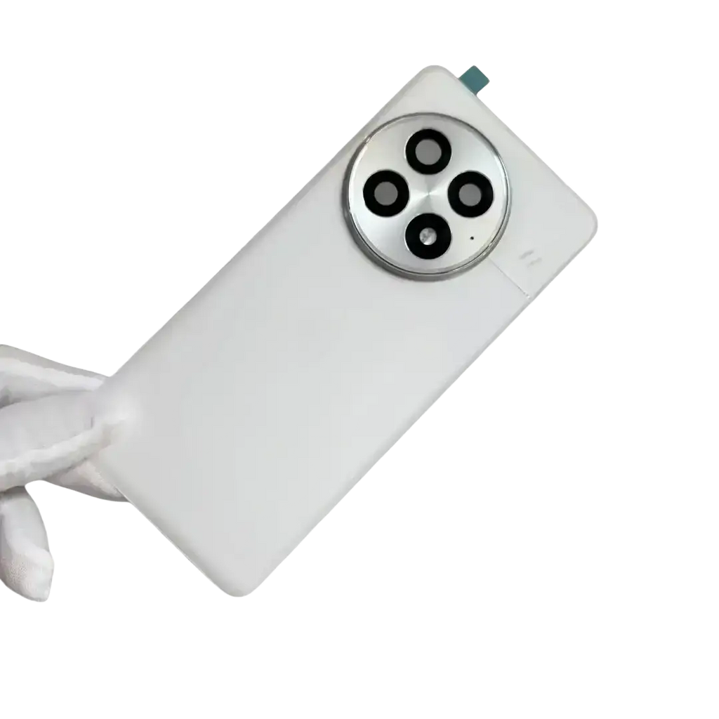 White oneplus 13 replacement back cover with camera frame glass lens and circular metallic frame housing four lenses and flash