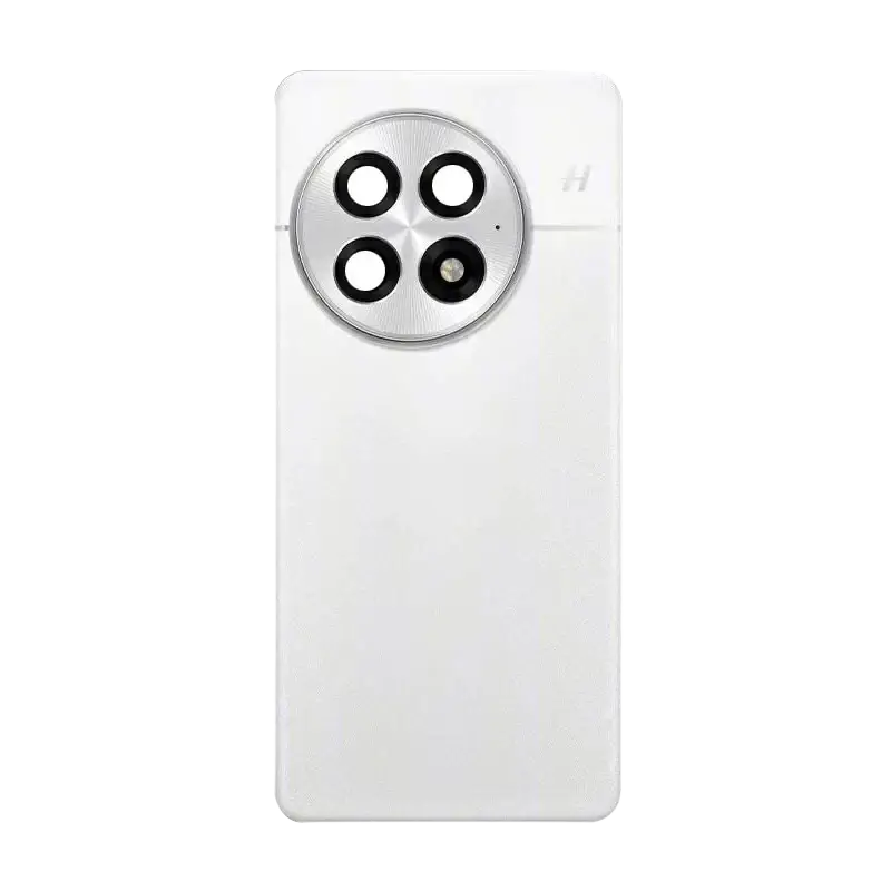 Oneplus 13 replacement back cover in white with silver metallic camera frame glass lens and circular four-lens camera frame