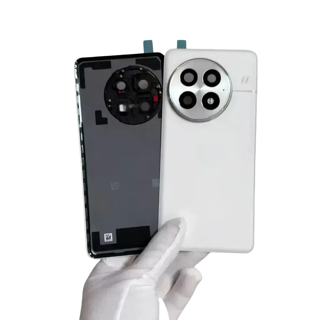 White oneplus 13 replacement back cover with camera frame glass lens and silver accent ring on circular module