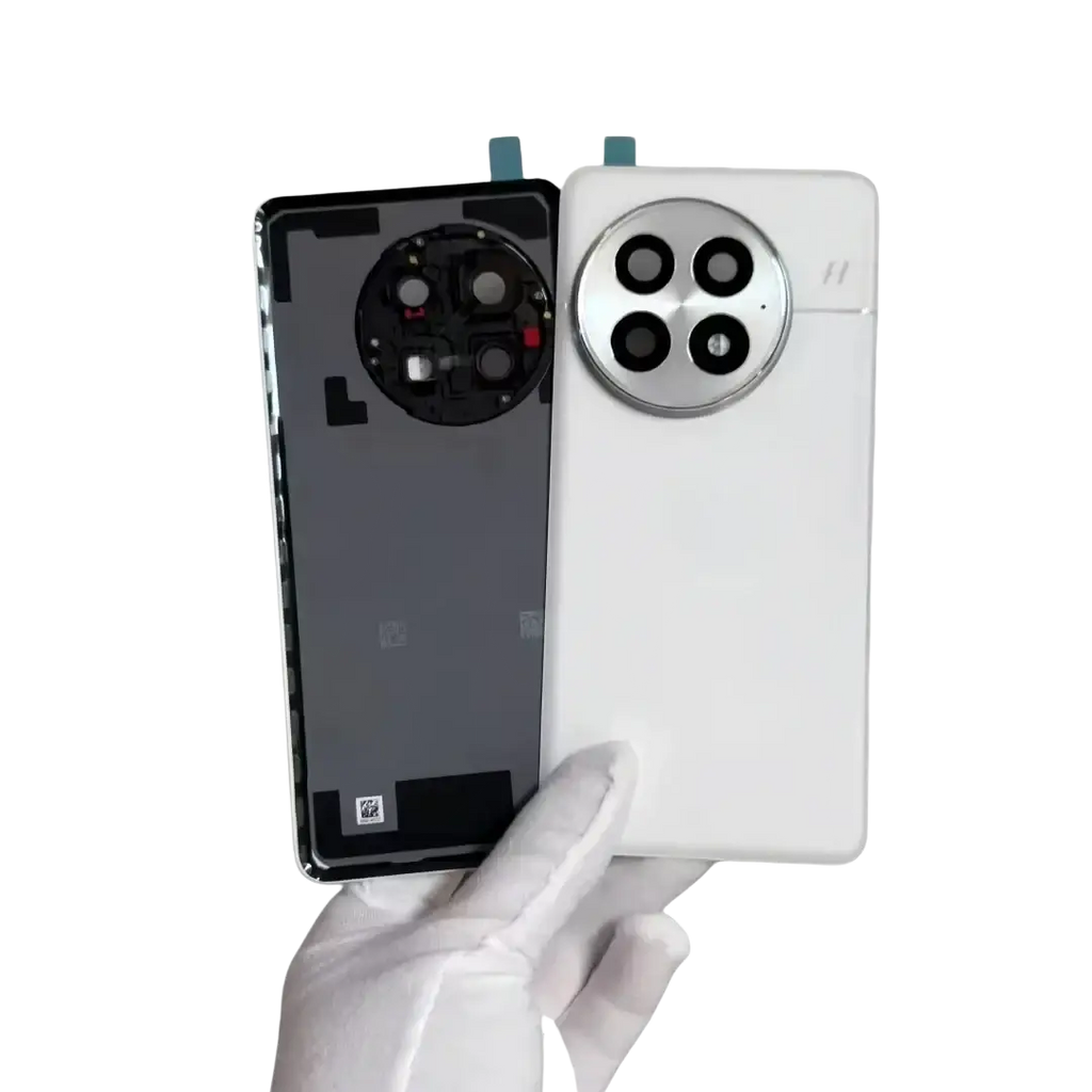 White back panel of oneplus 13 replacement back cover with circular camera frame glass lens and metallic accents