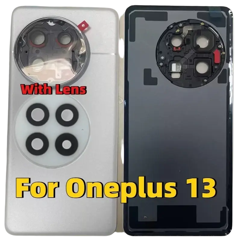 Silver and black oneplus 13 replacement glass back cover housing showing back panels with and without lens attached