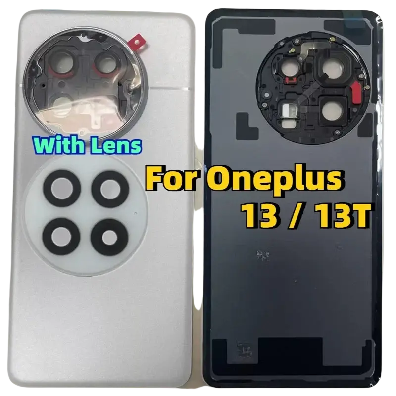 White and black oneplus 13 replacement glass back cover housing featuring circular camera lens cutouts and mounted lens panel