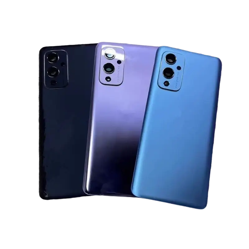 Three oneplus 9 smartphones with glossy glass backs in black purple gradient and blue for camera lens cover repair replace door