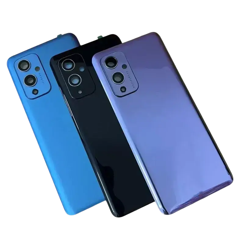 Three glossy glass back covers for oneplus 9 in blue black and gradient purple for cover repair replace door