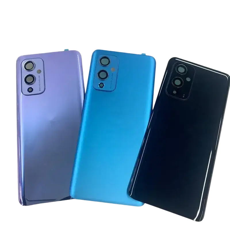 Back side of oneplus 9 glass back cover repair replace door in gradient purple vibrant blue and glossy black with dual lens camera module
