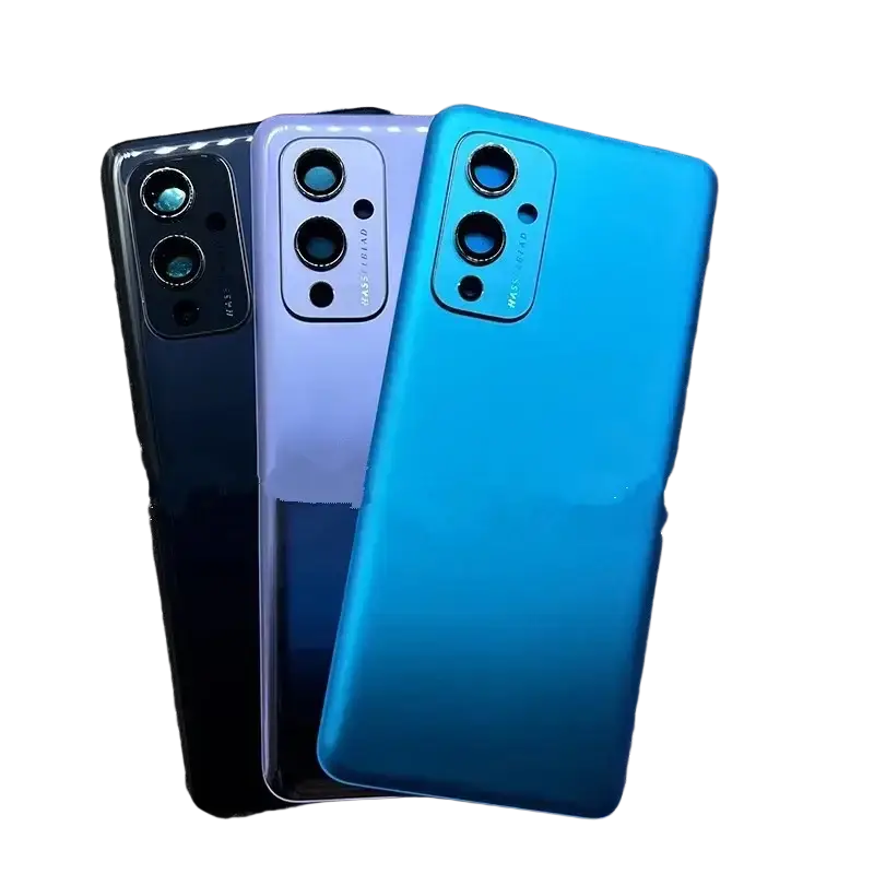 Three oneplus 9 smartphones showing glossy black lavender and blue glass back covers with rectangular camera modules for cover repair replace door