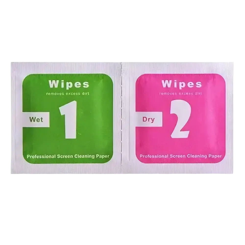 Two individually packaged green wet 1 and pink dry 2 screen cleaning wipes in foil pouches for oneplus 9 pro replacement back cover glass panel with china post protection time