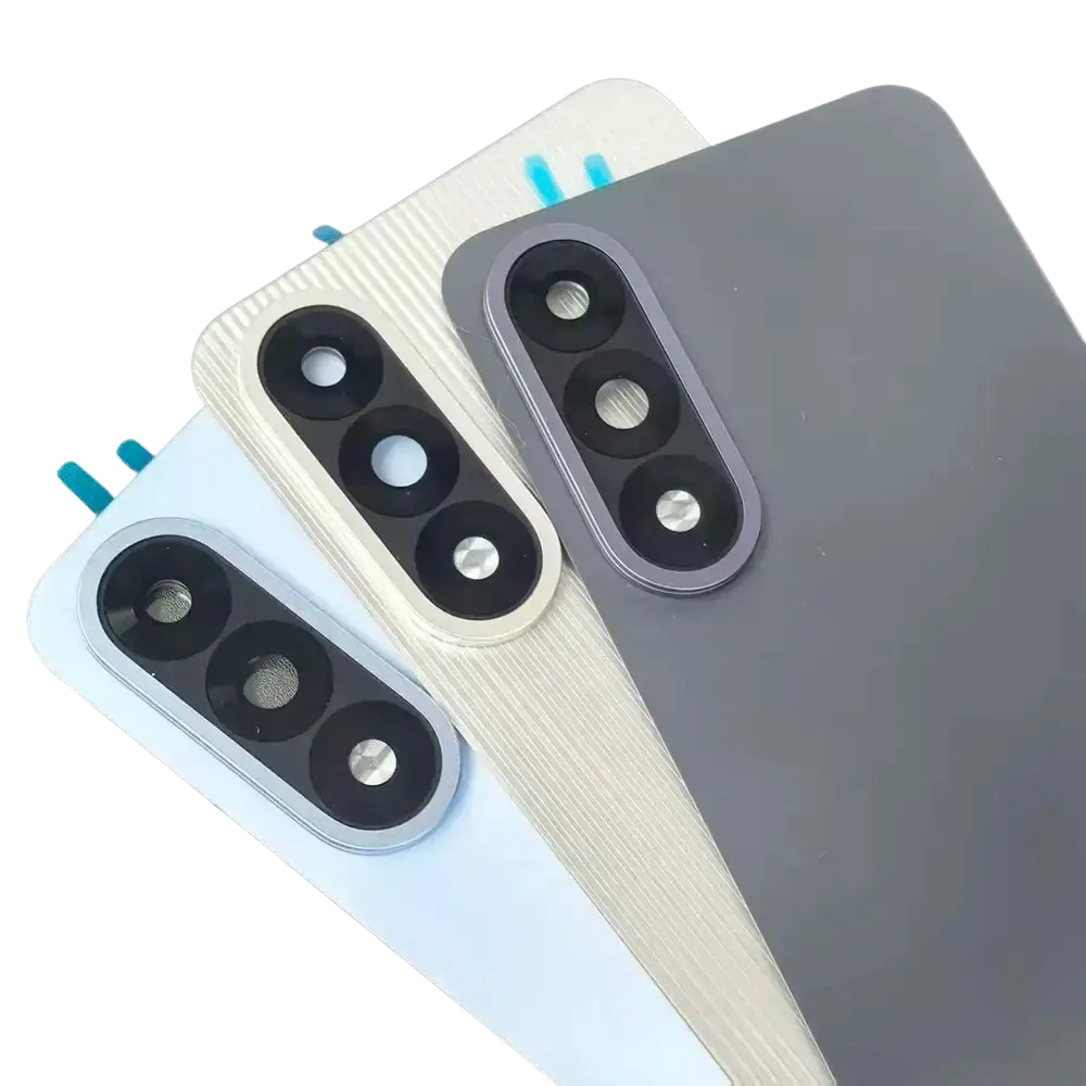 Back side of oneplus nord 5 glass replacement rear covers in light blue white wood grain and gray with triple camera lens module