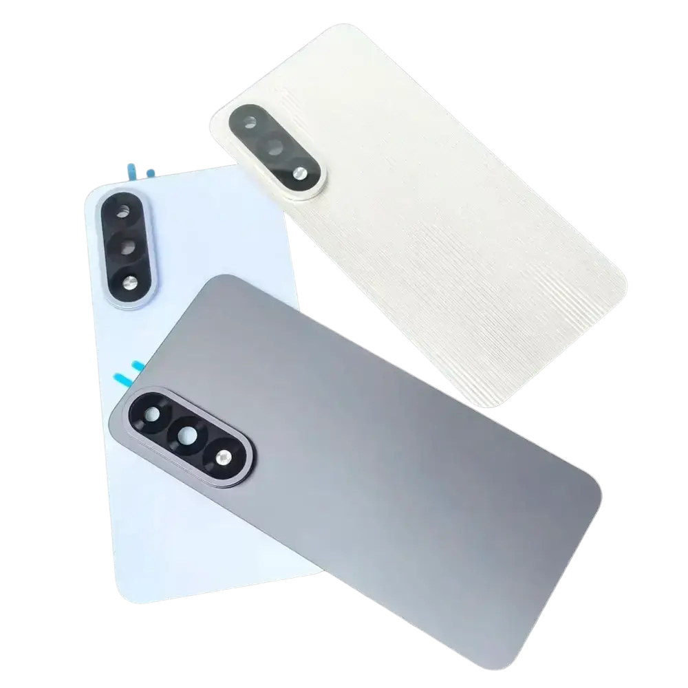 Three oneplus nord replacement rear glass back covers in white and gray with triple camera lens module and rounded edges