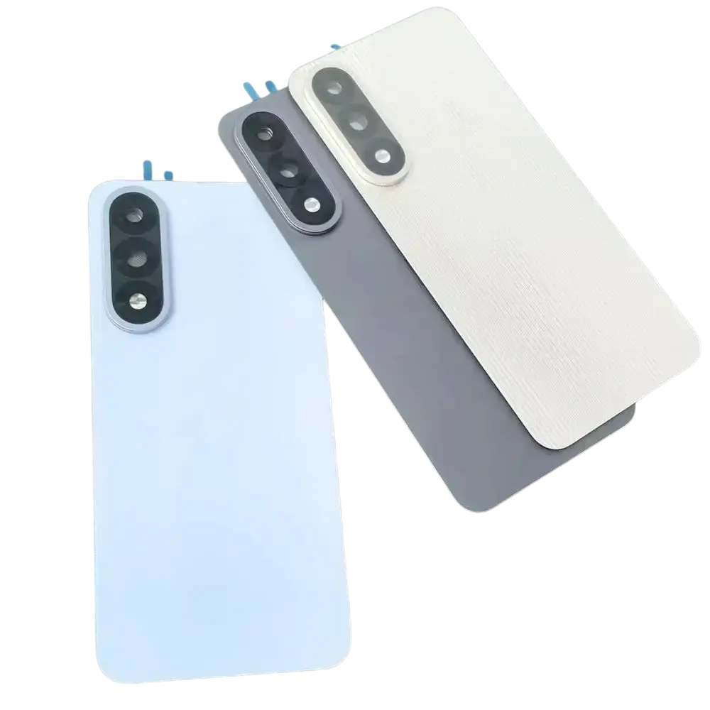 Two oneplus nord replacement rear glass back covers in light blue and white brushed texture with camera lens cutout