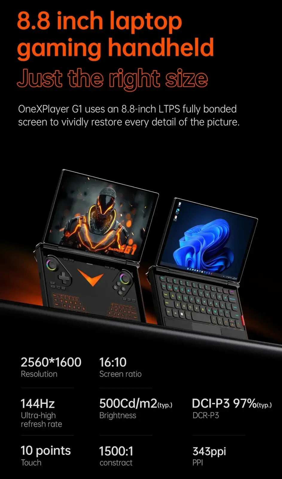 Black onexplayer g1 8.8-inch handheld laptop with gaming controller design and backlit keyboard in accessories pack
