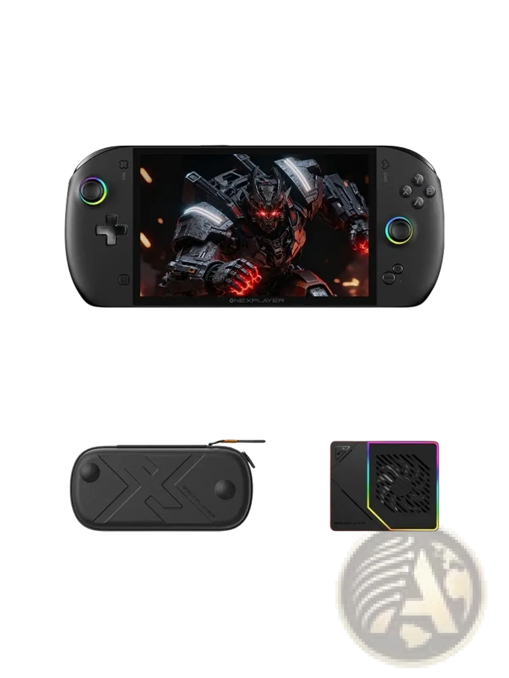 Black handheld Onexplayer gaming console with illuminated circular buttons and screen showing a robotic character