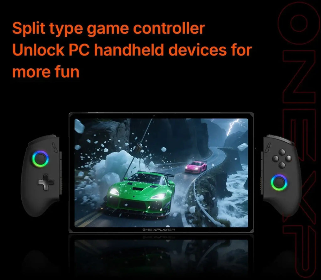 Black split-type game controller with glowing rgb circular buttons and d-pad for pc handheld use in onexplayer accessories pack full protection kit