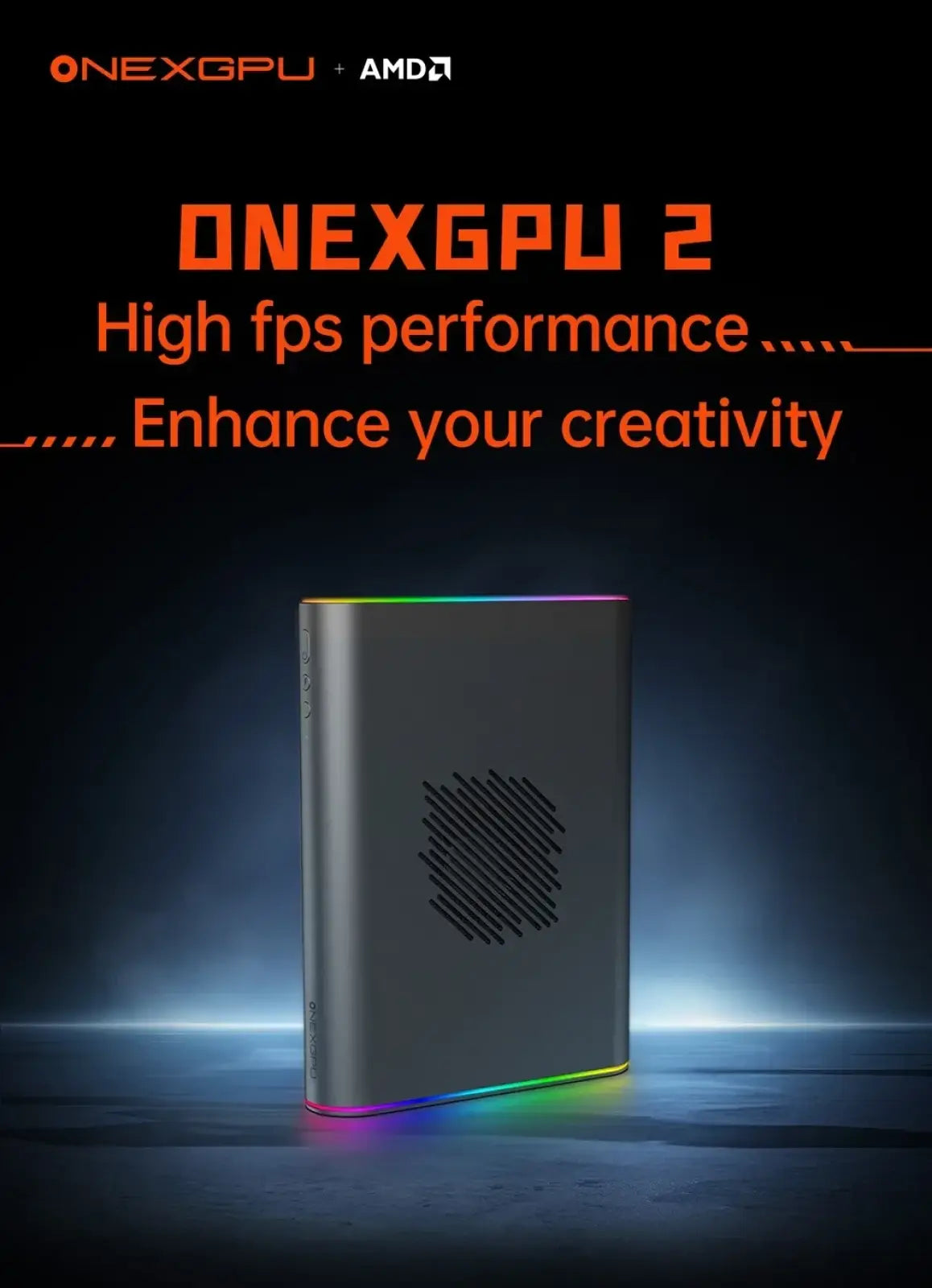 Silver rectangular onexgpu 2 graphics card with rgb lighting and black vent grille in onexplayer accessories pack full protection kit