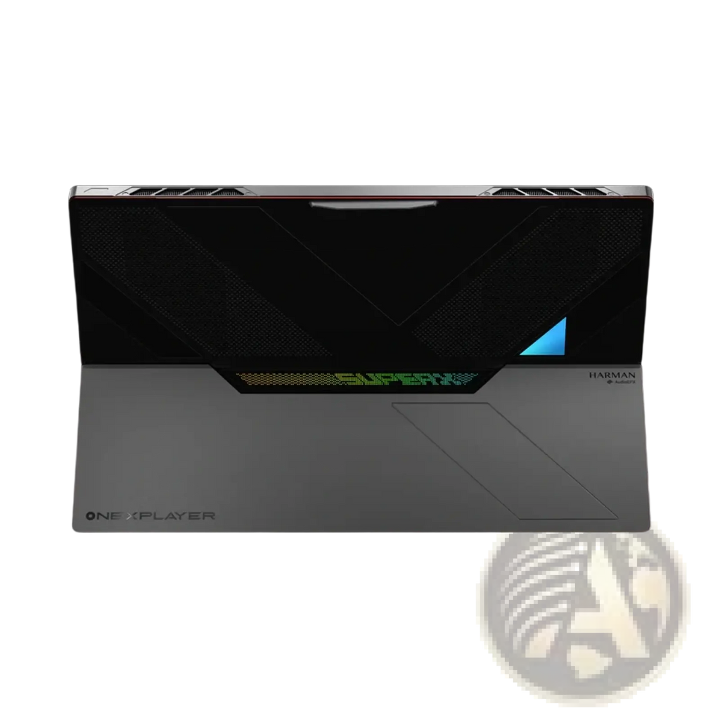 The sleek black and silver onexplayer gaming laptop with angular design and green led accents in full protection kit