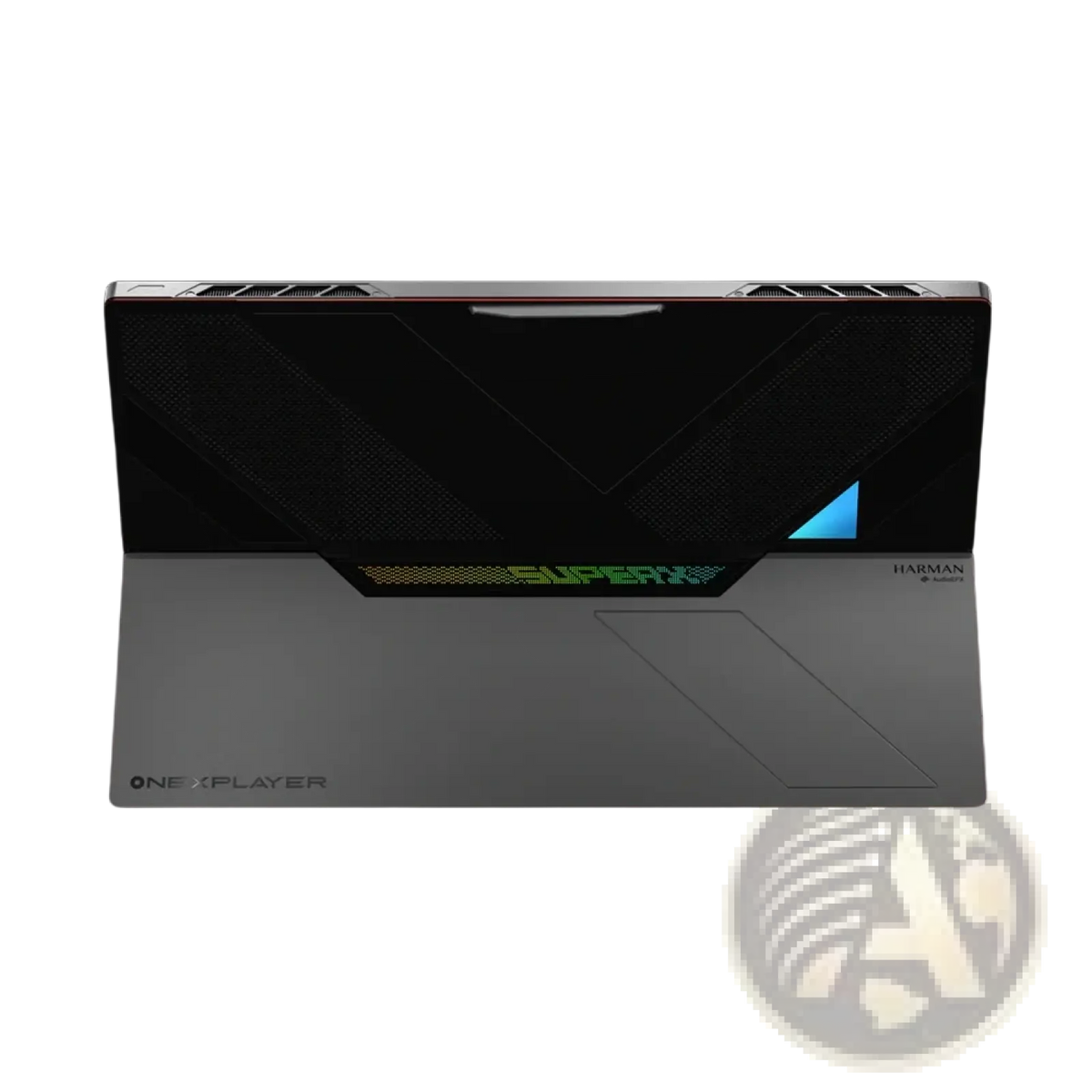 The sleek black and silver onexplayer gaming laptop with angular design and green led accents in full protection kit