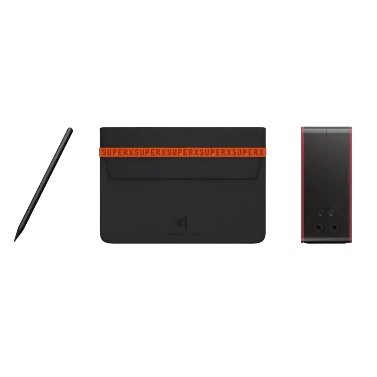 Black leather storage bag with orange superx branding from onexplayer super x accessories and storage kit
