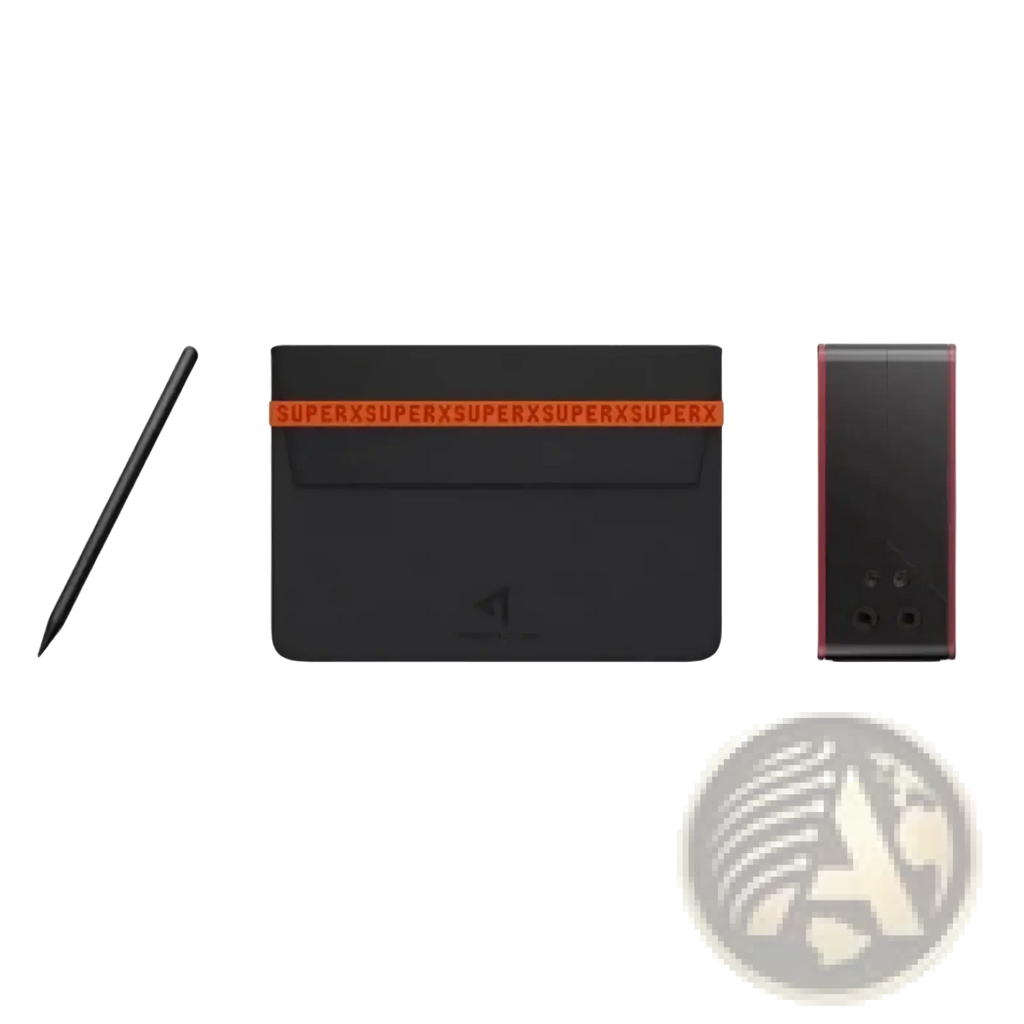 Black leather storage bag with orange superx branding from onexplayer super x accessories and storage kit