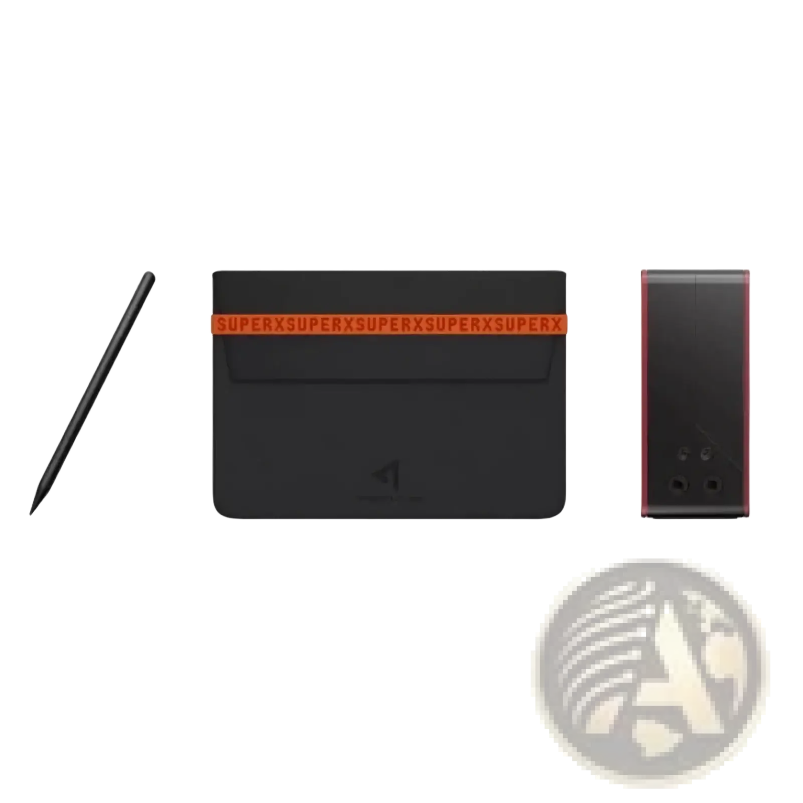 Black leather storage bag with orange superx branding from onexplayer super x accessories and storage kit