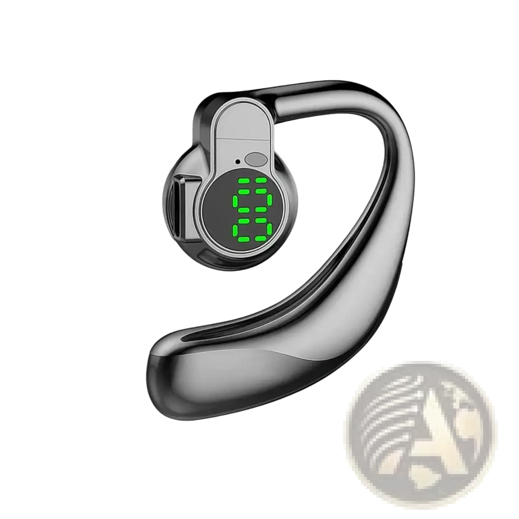 Black and silver open ear Bluetooth 5.4 sport earhook headphones with digital display showing green numbers