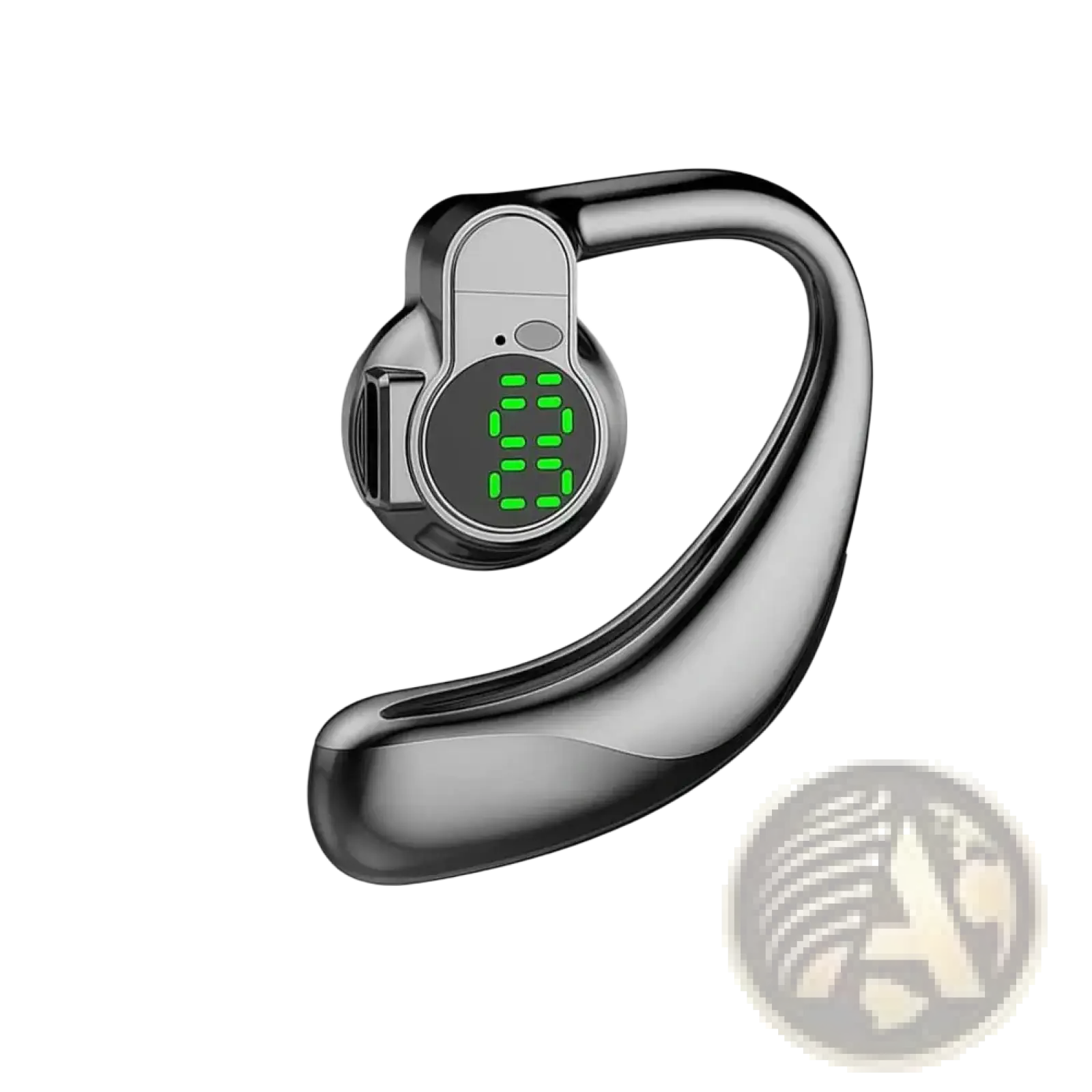 Black and silver open ear Bluetooth 5.4 sport earhook headphones with digital display showing green numbers