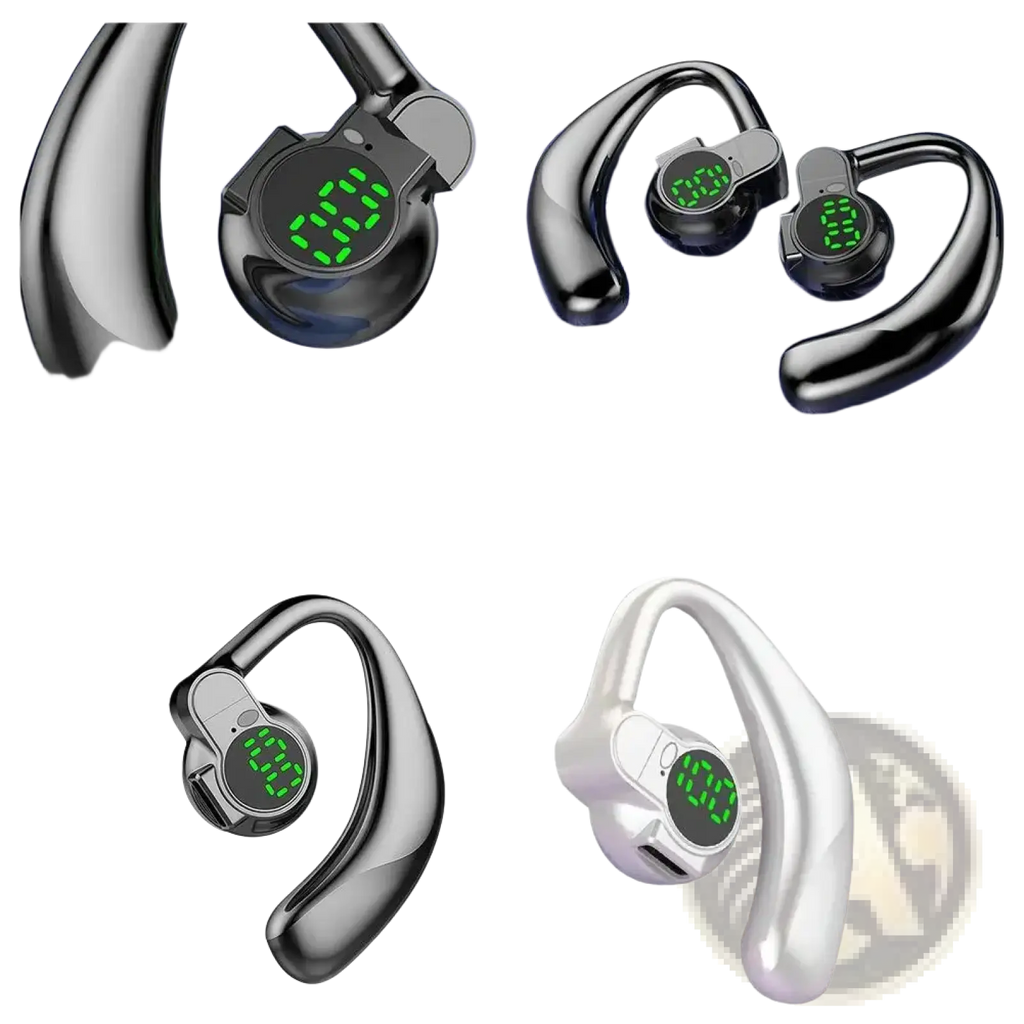 Black and white open ear bluetooth 5.4 sport earhook headphones with digital displays on the outer side