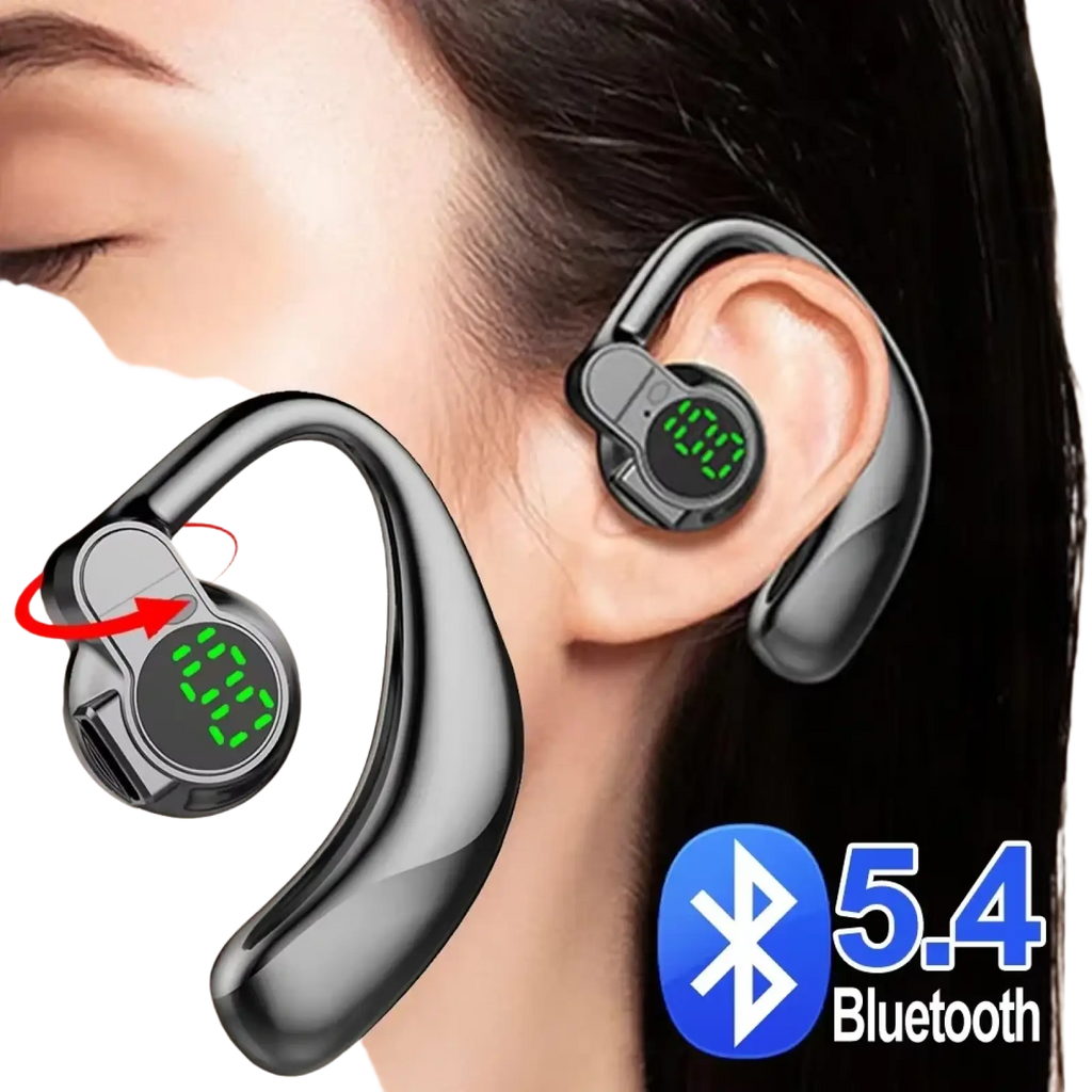 Black open ear sport earhook headphones with bluetooth 5.4 connectivity and digital display for wireless use