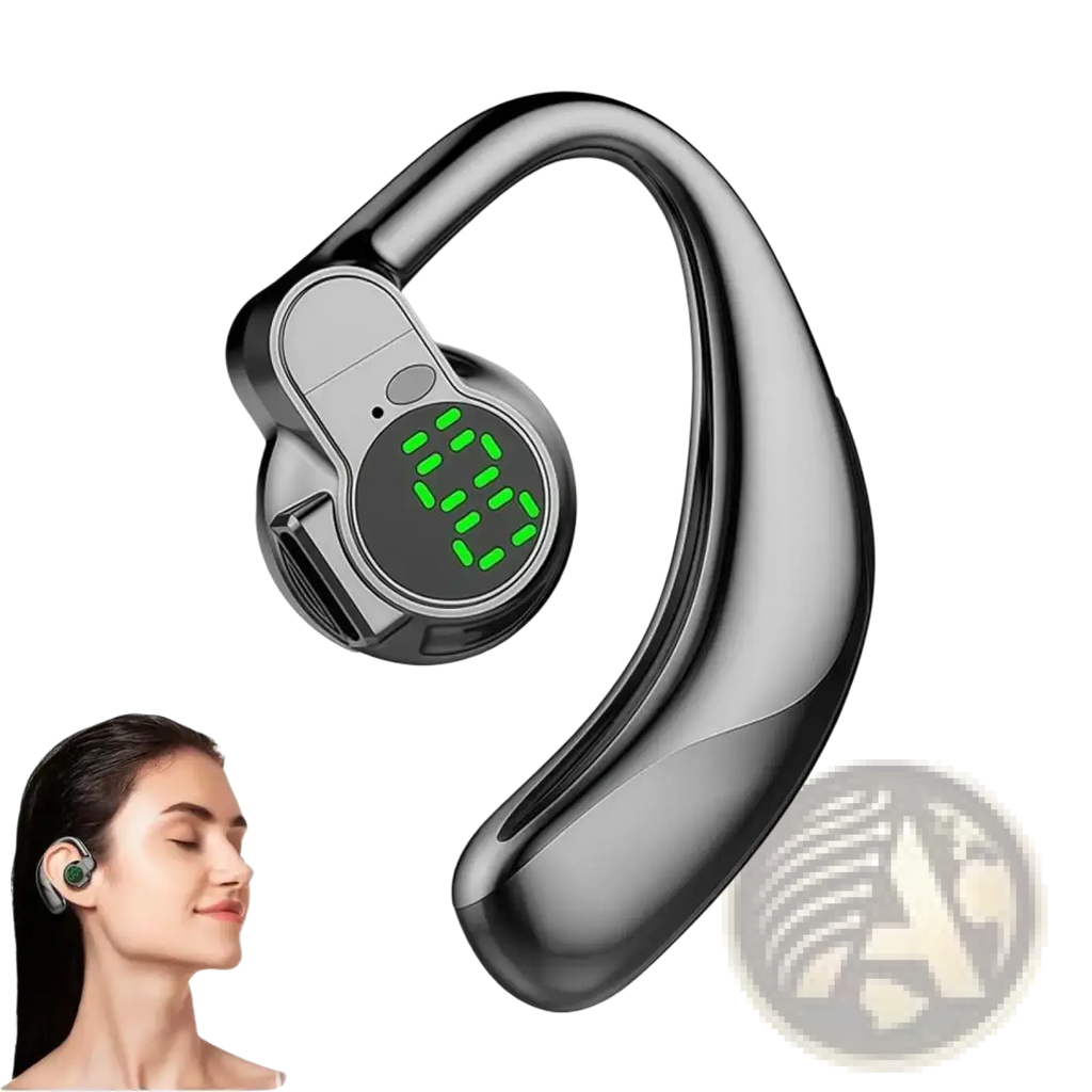 Black open ear bluetooth 5.4 sport earhook headphones with sleek curved design and green led digital display