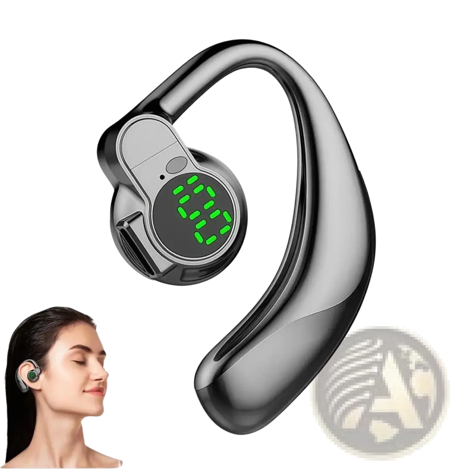 Black open ear bluetooth 5.4 sport earhook headphones with sleek curved design and green led digital display