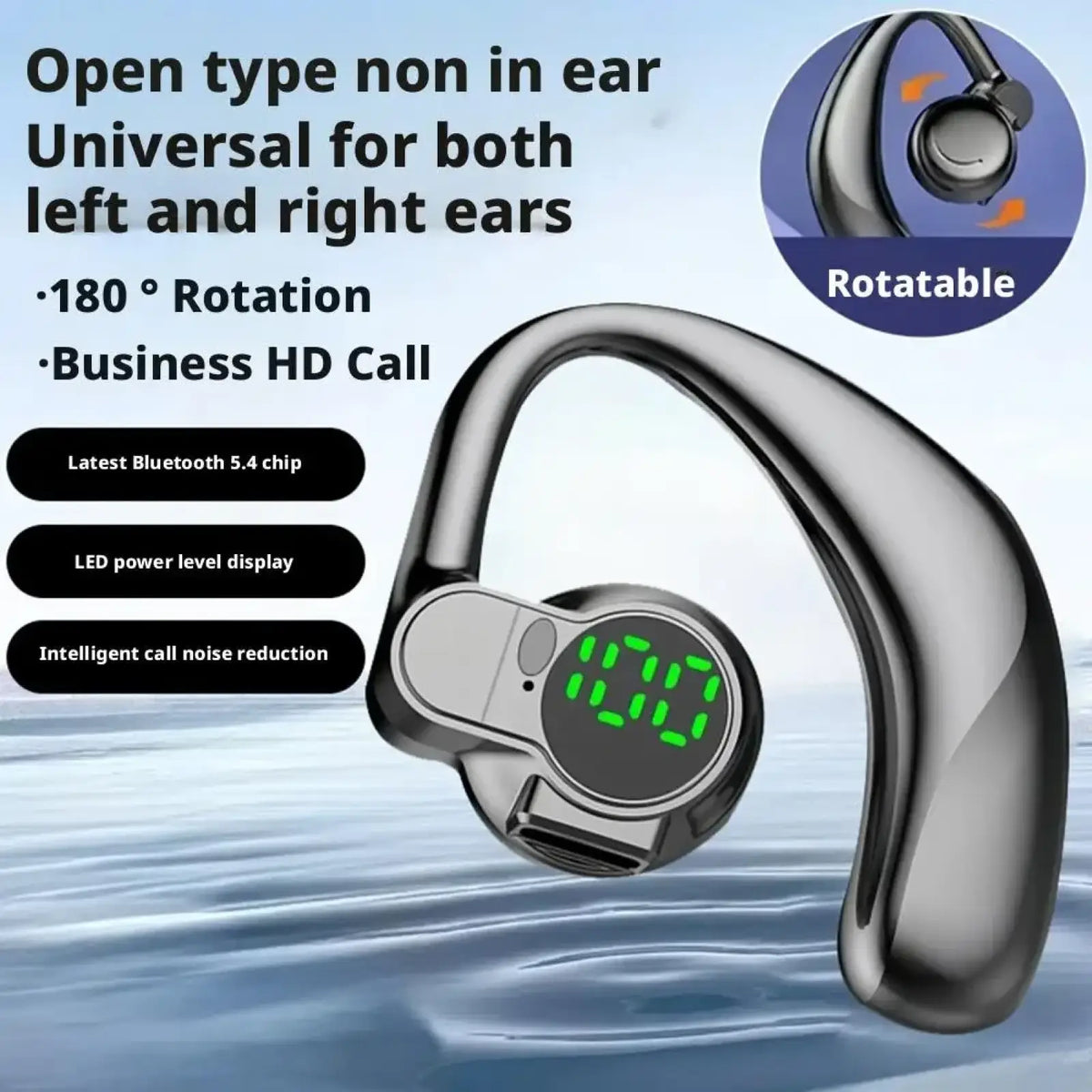 Silver-colored sleek ergonomic open ear bluetooth 5.4 sport earhook headphones with green digital led display