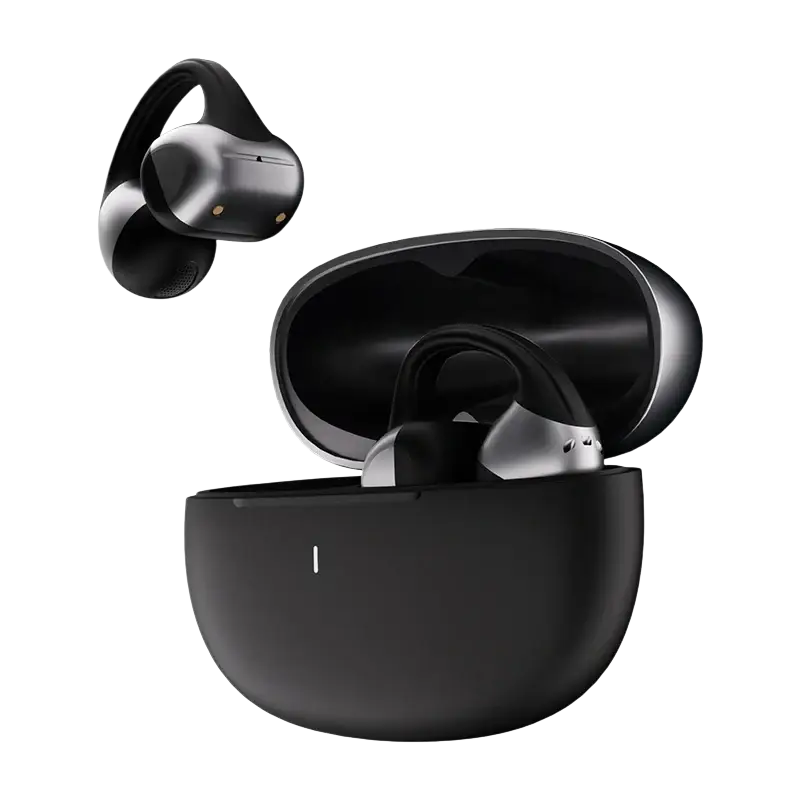 Black and silver open ear clip bluetooth earbuds with touch control nestled in a sleek charging case