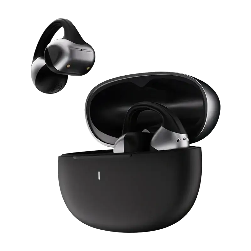 Black and silver open ear bluetooth earbuds with ergonomic design nestled in matching charging case