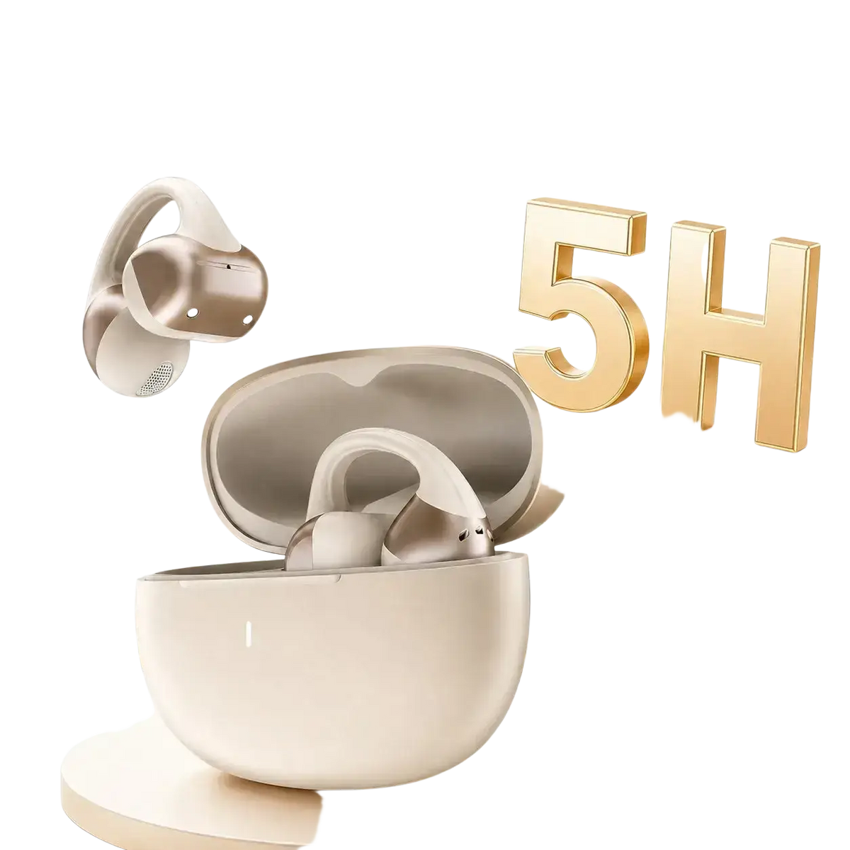 Cream-colored open ear bluetooth earbuds with metallic gold accents rest inside matching oval charging case