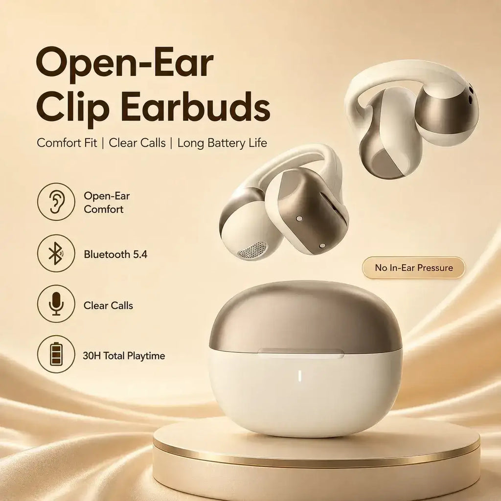 Cream and gold open ear bluetooth earbuds with a sleek ergonomic design in a matching dual-tone charging case