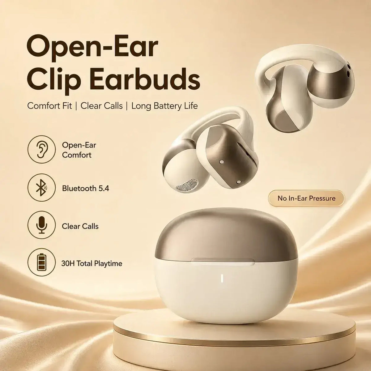 Cream and gold open ear bluetooth earbuds with a sleek ergonomic design in a matching dual-tone charging case