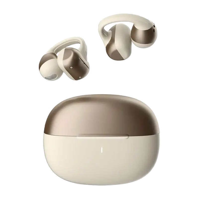 Cream and gold open ear clip bluetooth earbuds with touch control in a sleek dual-tone charging case