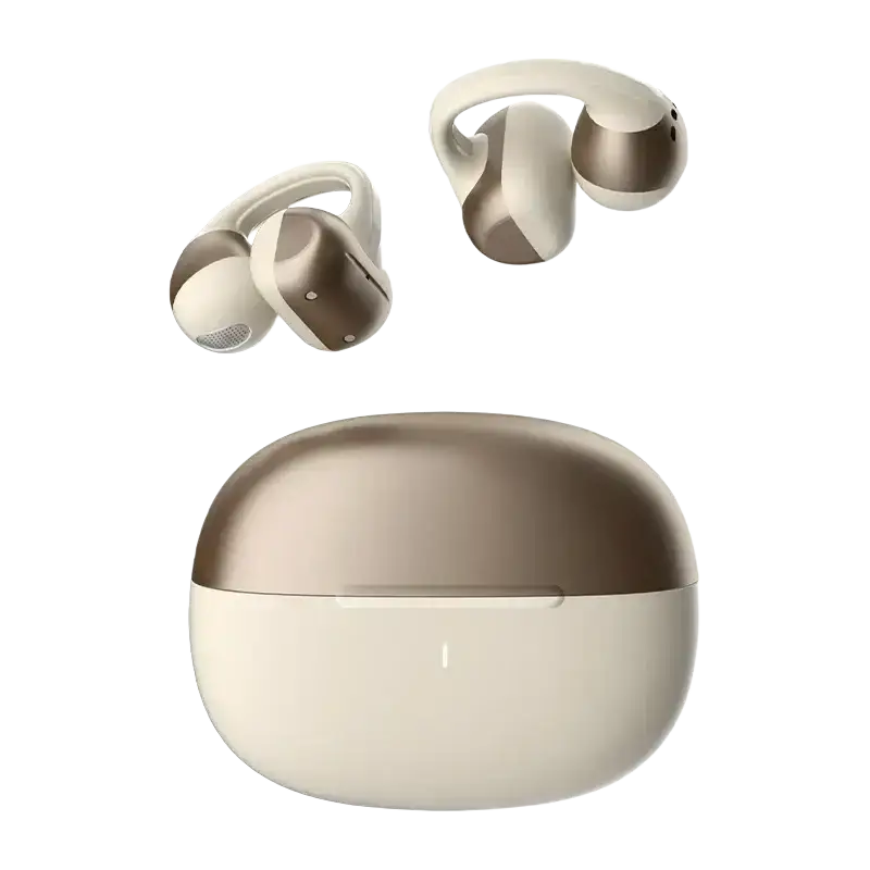 Cream and gold open ear bluetooth earbuds with sleek design in an oval-shaped charging case for wireless use