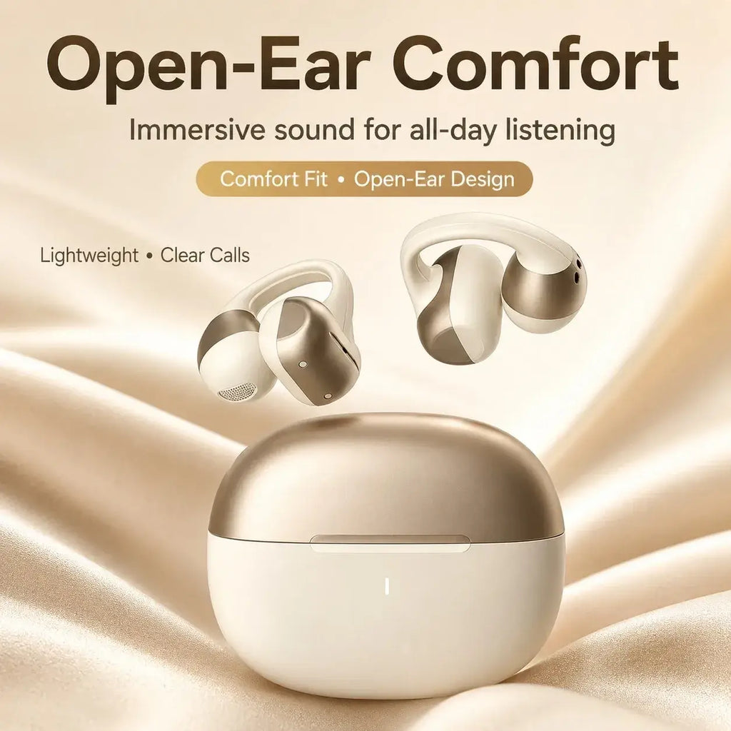 Cream and gold open ear clip bluetooth earbuds with touch control nestled in matching charging case