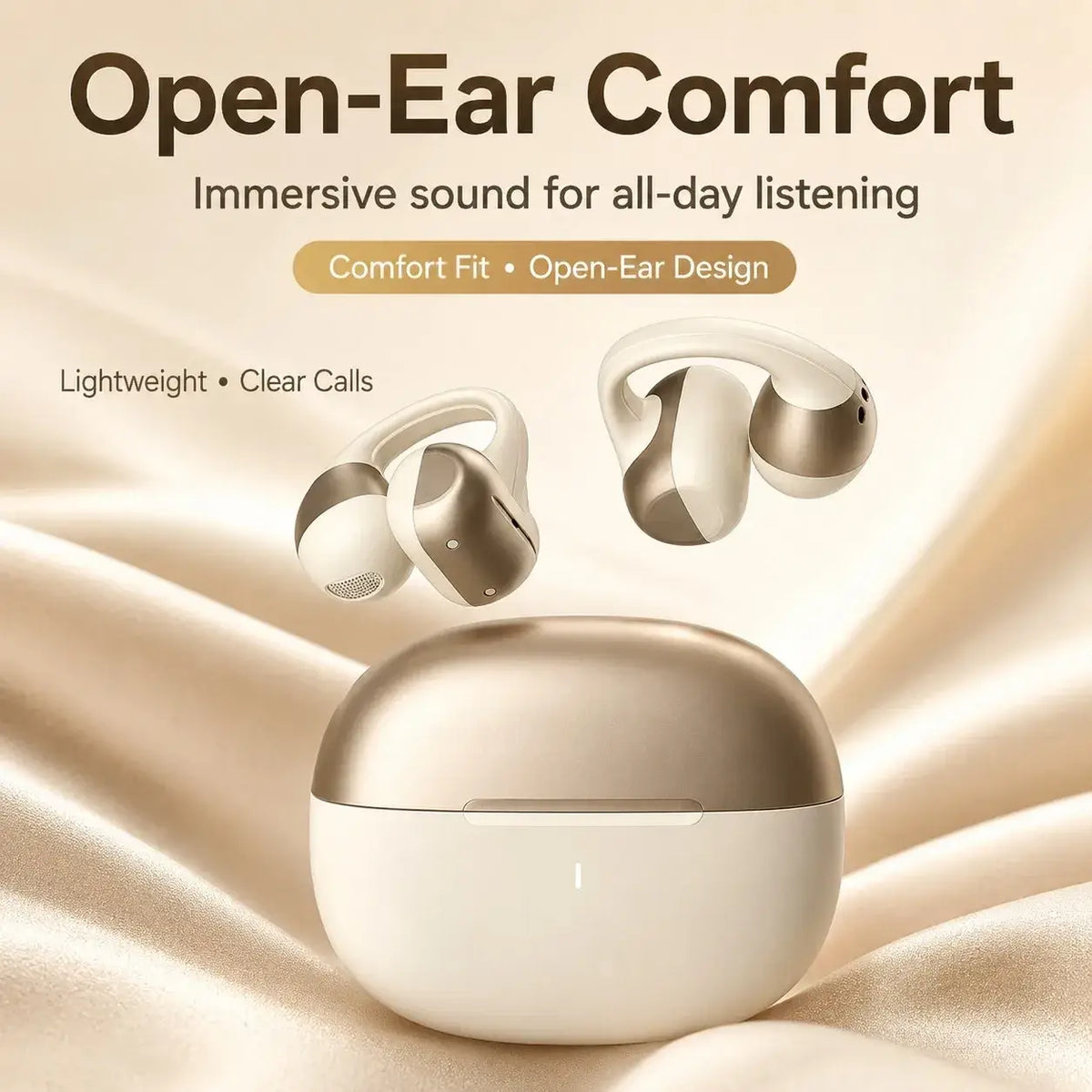 Cream and gold open ear clip bluetooth earbuds with touch control nestled in matching charging case