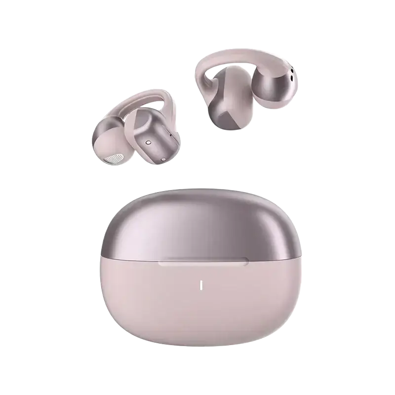 Pair of sleek matte rose gold open ear bluetooth earbuds with matching oval-shaped charging case for wireless use