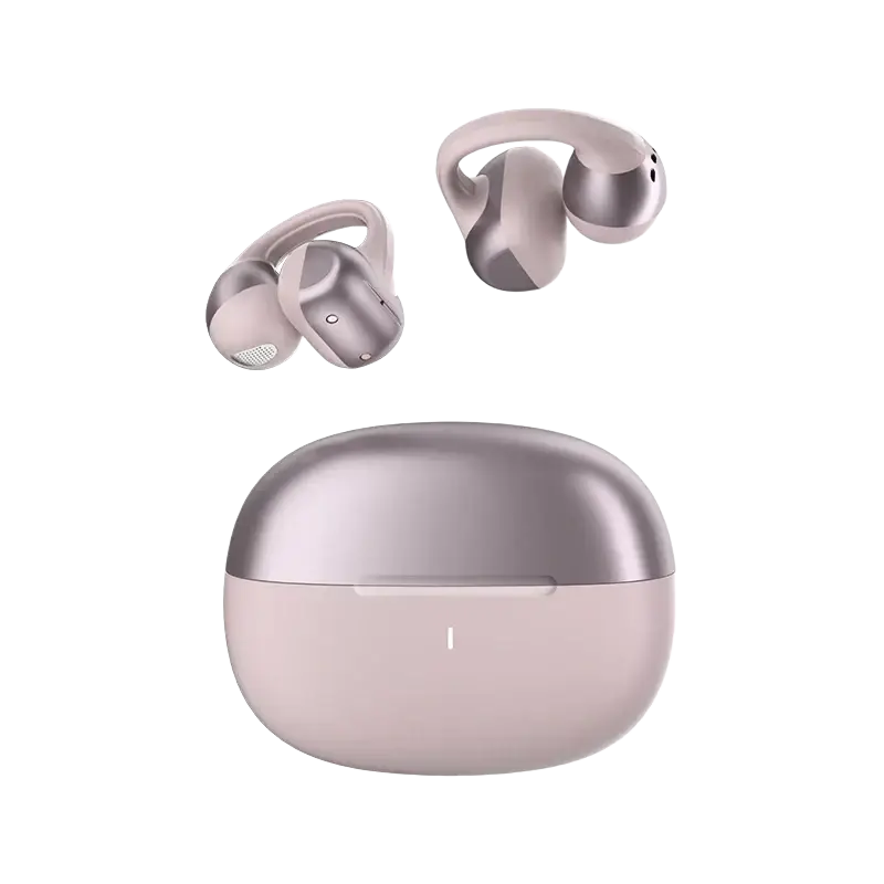 Pastel pink and metallic silver open ear bluetooth earbuds with touch control in matching charging case with ergonomic design