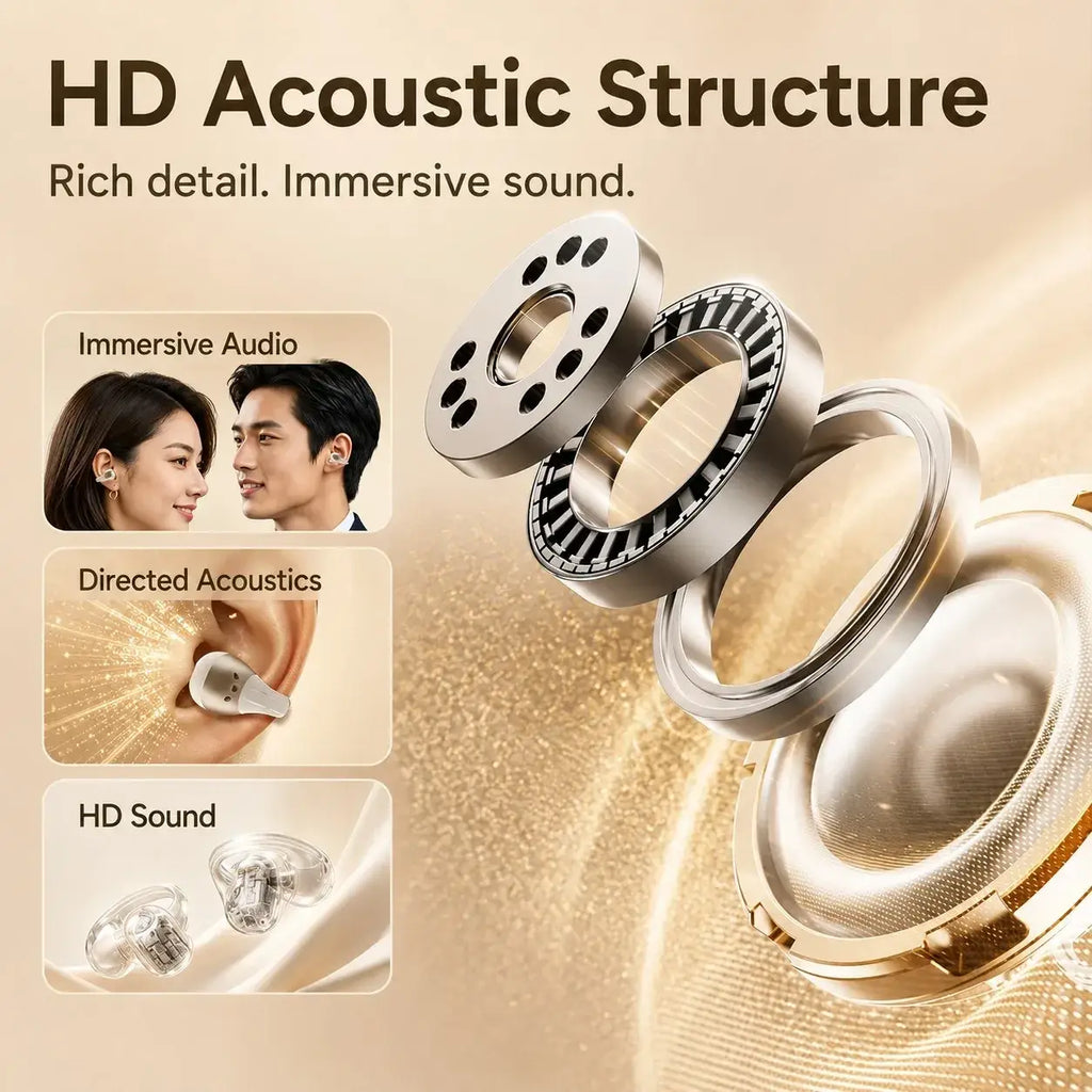 Silver-toned open ear clip bluetooth earbuds with touch control and charging case featuring a sleek metallic finish