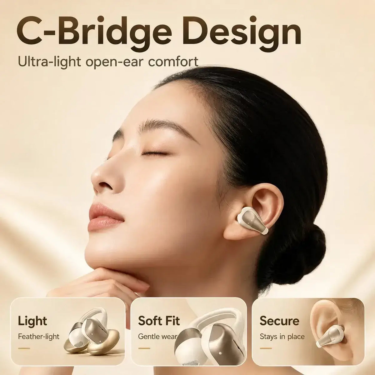 Silver and white c-bridge design open ear bluetooth earbuds with sleek minimalist aesthetic and charging case