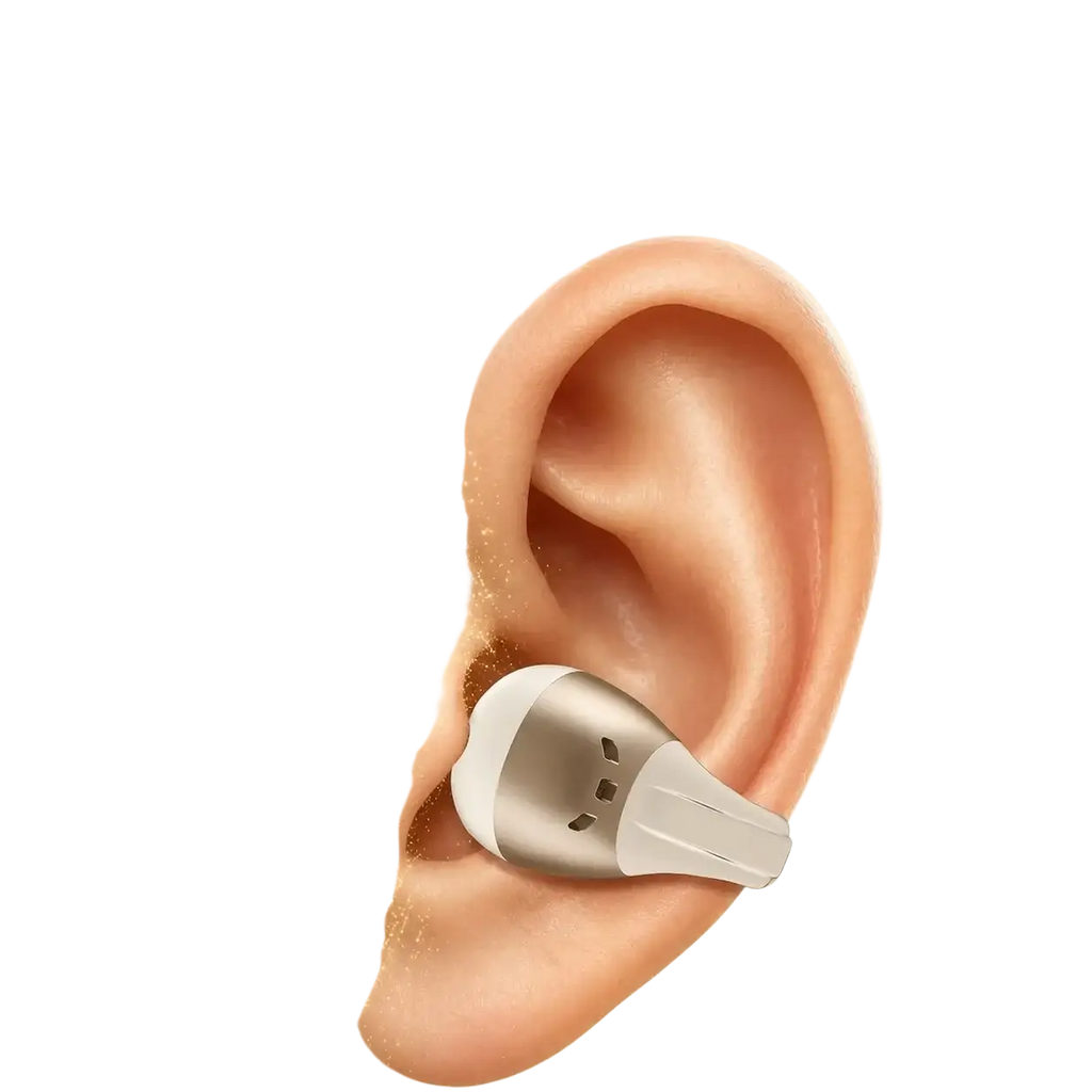 A sleek two-toned open ear clip bluetooth earbud in metallic silver and white with touch control and charging case