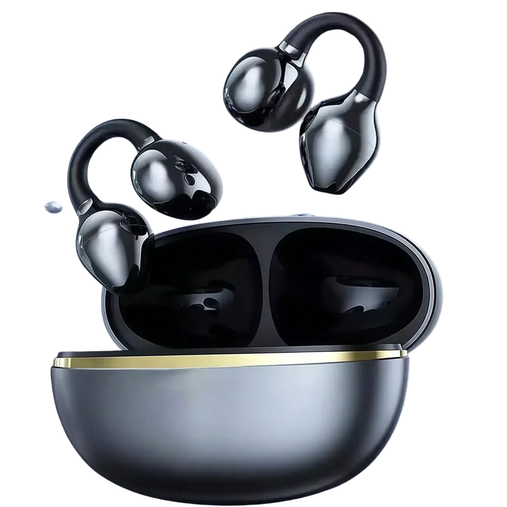 Black glossy open ear clip bluetooth headphones with sleek design and gold-trimmed charging case user manual included