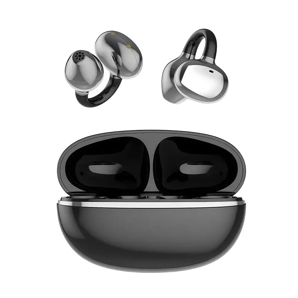 Black and silver open ear clip bluetooth headphones with sleek charging case and user manual for media volume control