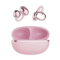 Pink rose gold open ear clip bluetooth headphones with sleek glossy finish and matching charging case included
