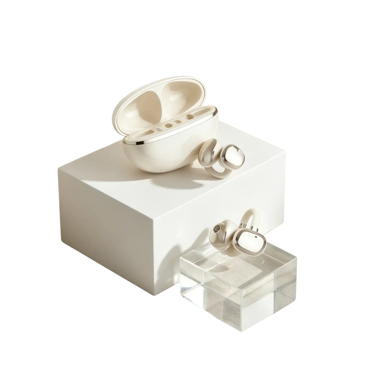 White and silver xiaomi buds 5 true wireless earbuds with media volume control in a matching charging case and user manual